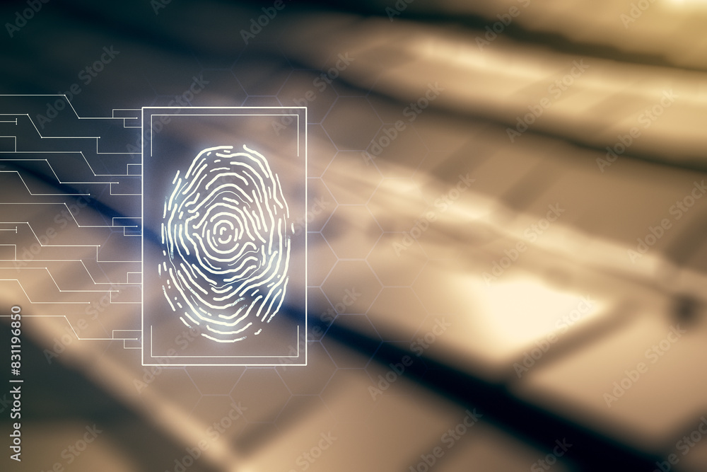 Leinwandbilder multi exposure of virtual graphic fingerprint sketch on abstract metal background, fingerprint scan 