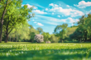 Obraz premium Beautiful blurred background image of spring nature with a neatly trimmed lawn surrounded by trees against a blue sky with clouds on a bright sunny day with generative ai