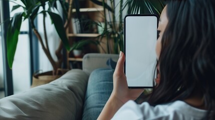 A woman is lying in a cozy sofa in the living room, holding a cellphone with blank screen, close-up shot