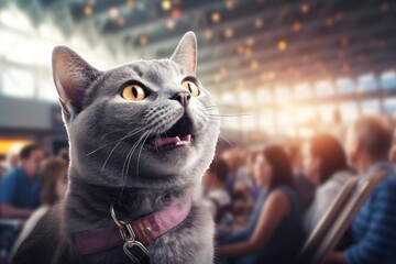 Portrait of a smiling korat cat while standing against busy airport terminal