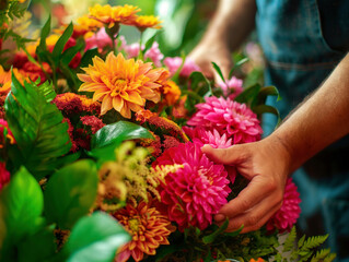 Vibrant close-up of a florist arranging colorful dahlias and assorted flowers, showcasing the beauty of fresh blooms in a lush, green background. © Antonio