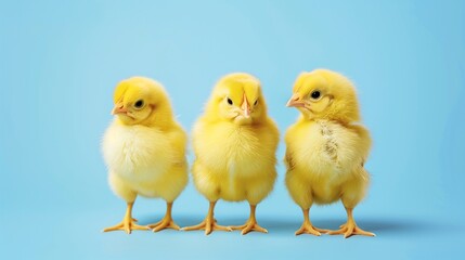 Fototapeta premium Cute fluffy yellow chickens on a blue background. Photo of cute yellow baby chicks