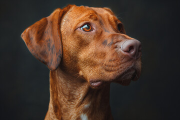 A brown dog with a black nose and brown eyes