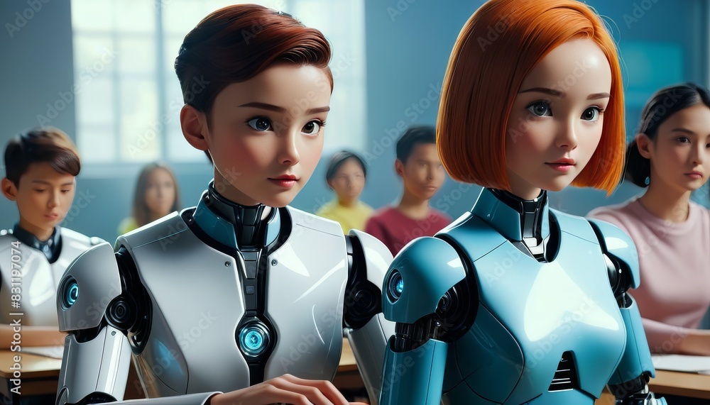 Poster two female humanoid robots sitting in a classroom filled with diverse students, looking attentively 