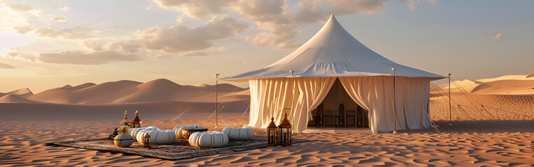Authentic tents placed within the desert shelter nature outdoors adventure clouds on a background

