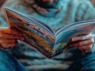 Man reading a colorful magazine with scenic landscapes, showcasing vibrant photography and a cozy reading experience, ideal for advertisements or promotions highlighting relaxation, travel.