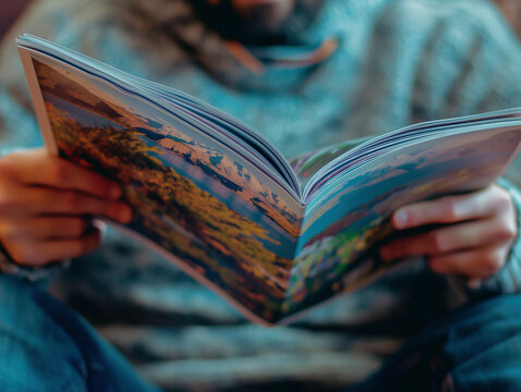 Man reading a colorful magazine with scenic landscapes, showcasing vibrant photography and a cozy reading experience, ideal for advertisements or promotions highlighting relaxation, travel.