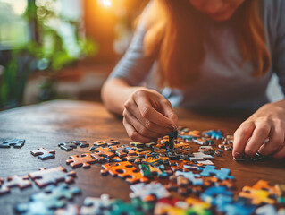 Woman assembling puzzle pieces on a wooden table in a cozy, sunlit room, highlighting the serenity and focus involved in this calming and engaging hobby.