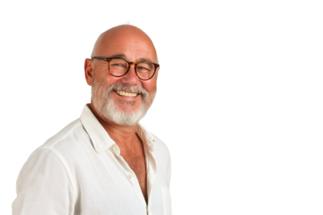 Smiling Middle-Aged Caucasian Man with Glasses and Gray Beard in a White Shirt