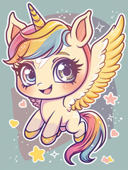 Adorable Flying Unicorn with Rainbow Mane and Wings, Cute Cartoon Illustration, Whimsical Design with Stars and Hearts