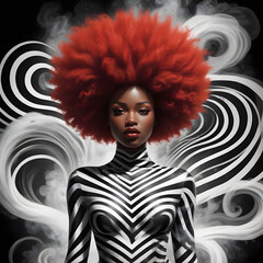 dark-skinned woman in a spectacular afro-style suit, decorated with a black and white striped bodysuit, the body is shrouded in flowing elements resembling flame smoke on a dark surrealism background