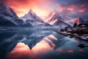 Obraz premium Mountain lake in Himalayas at sunset, perfect reflection at sunrise, snowy mountains, hills, fog over the lake, AI generated