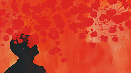 An abstract depiction of a silhouette with blossoms emerging from the head set against a vivid red background creating a striking and imaginative scene