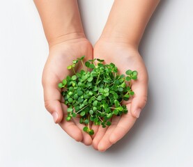 Child Holding Small Micro Greens Sprouts Against White Background