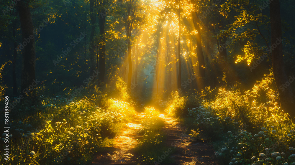 Aufkleber a forest path is illuminated by the sun, creating a warm and inviting atmosphere