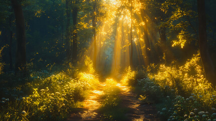 A forest path is illuminated by the sun, creating a warm and inviting atmosphere