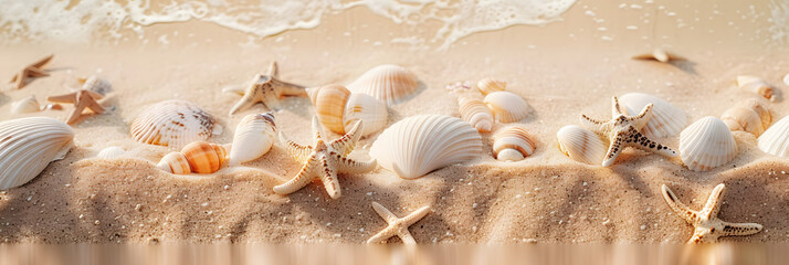Fototapeta premium A sandy background adorned with sea shells providing ample room for a copy space image