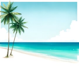Watercolor illustration of a summer scene with the palm trees and a turquoise ocean.