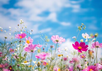 A field of blooming wildflowers under a bright blue sky, teeming with vibrant colors. This idyllic setting is perfect for placing text about growth, renewal, and the beauty of life's journey.
