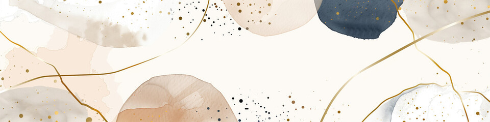 Watercolor abstract beige background with round shapes and golden lines on white backdrop. Backdrop with spots and splashes. Minimalistic modern template for banner or cards