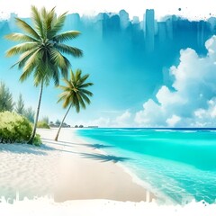 Watercolor illustration of a tropical beach scene.