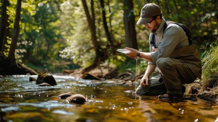 environmentalist man collecting water from river or examining in forest at day