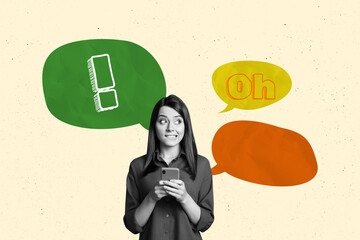 Composite photo collage of guilty girl hold iphone type wrong message oh awkward situation text box...