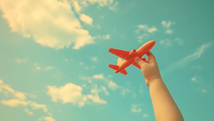 Children's Dream. Child's hand launching a toy airplane against a bright sky background.