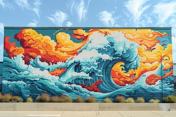 Vibrant street art mural of waves and clouds on a building wall, showcasing colorful and dynamic urban artwork against a clear sky.
