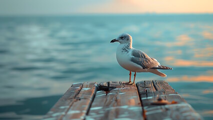 White sea gull on a wooden pier over the sea.