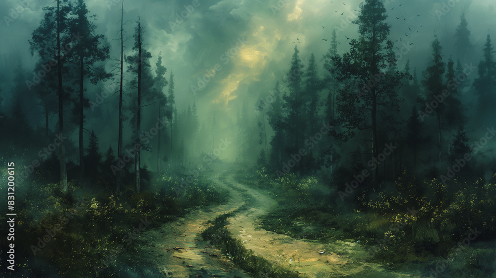 Poster a forest with a path through it