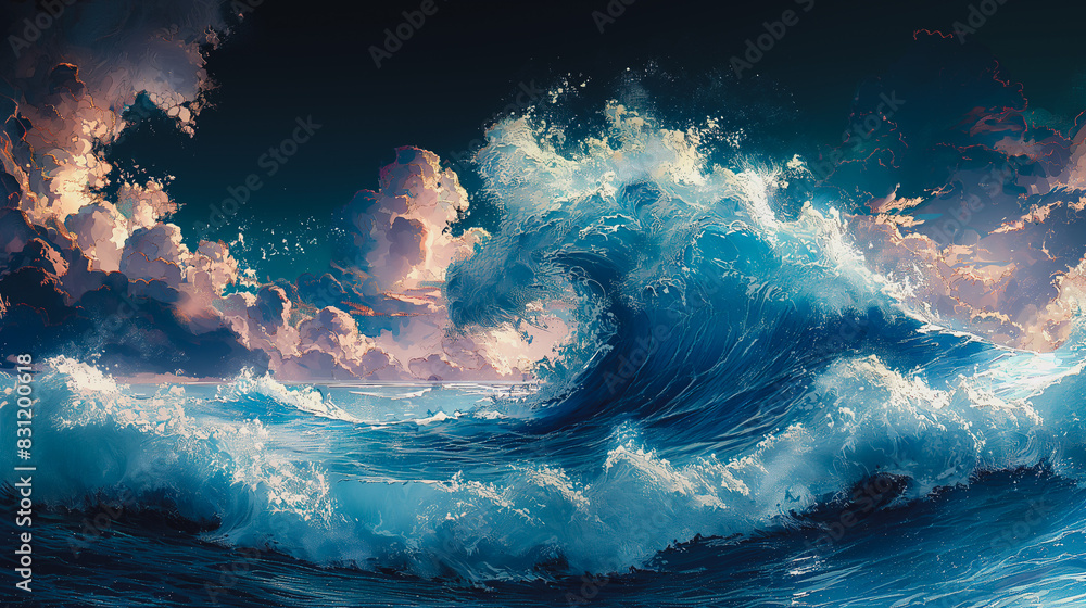 Poster a wave crashing in the ocean with a cloudy sky in the background