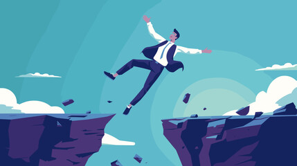 Determined businessman jumping over a cliff gap, symbolizing overcoming obstacles, achieving business success, and the motivation to win in competitive career challenges.

