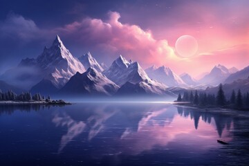 Mountain lake in Himalayas at sunset, perfect reflection at sunrise, snowy mountains, hills, fog over the lake, AI generated