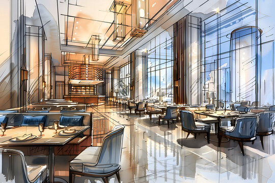 Hand drawn color sketch of modern luxury restaurant interior with panoramic window Interior design concept