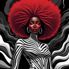dark-skinned woman in a spectacular afro-style suit, decorated with a black and white striped bodysuit, the body is shrouded in flowing elements resembling flame smoke on a dark surrealism background