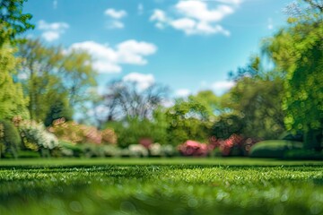 Obraz premium Beautiful blurred background image of spring nature with a neatly trimmed lawn surrounded by trees against a blue sky with clouds on a bright sunny day with generative ai