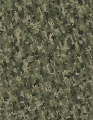 A digital camouflage pattern with pixelated shades of green and brown, designed for military use in woodland environments.