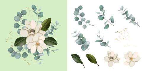Set of floral branch, wreath. Flower white, green leaves. Wedding concept. Floral poster, invite. Vector arrangements for greeting card or invitation design background