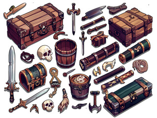 Vector illustration of pirate items, including a chest, sword, skull, and various other items.