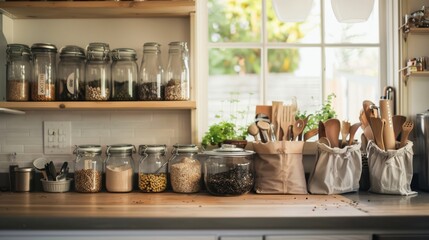 Fototapeta premium A tidy kitchen featuring neatly arranged jars of grains and legumes, along with wooden utensils and potted herbs by a sunny window. 