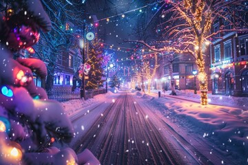 A city street blanketed in snow, adorned with vibrant Christmas lights, creating a festive and enchanting atmosphere