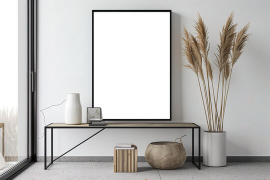 Transparent PNG Mockup of a Wooden Picture Frame Beside Vase on Table, Minimalist