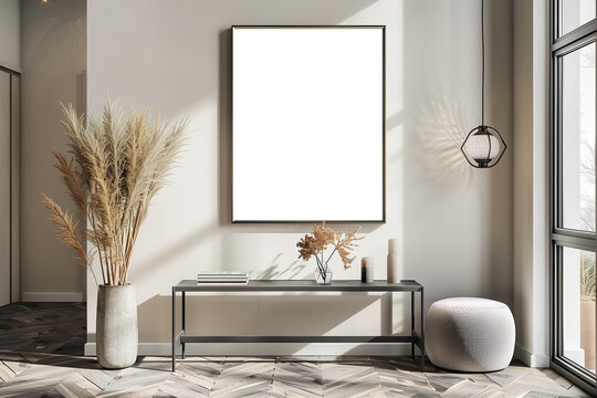 Transparent PNG Mockup of a wooden picture frame in a Living Room With Table and Vases