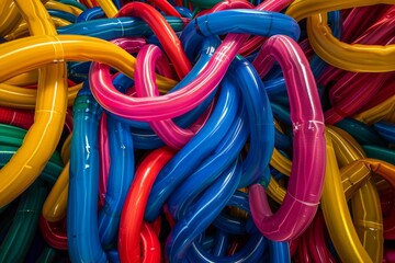 Stack of vibrant hoses creating a dynamic and colorful scene in a room - Powered by Adobe