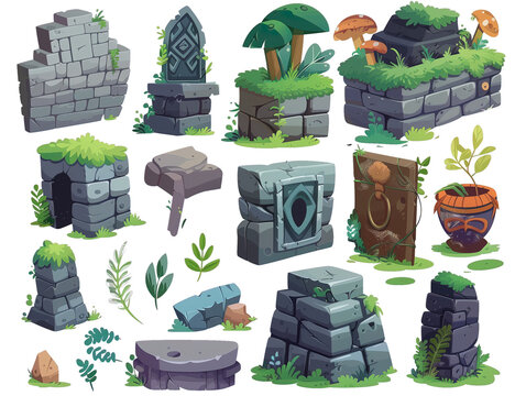 Transparent PNG Game Assets of Assorted Plants and Rocks in Natural Setting