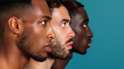 Fototapeta premium Portrait of four men from diverse backgrounds, showcasing their flawless skin and a unified stance against stereotypical norms
