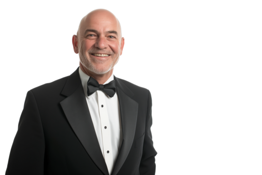 Smiling Middle-Aged Caucasian Man in a Black Tuxedo