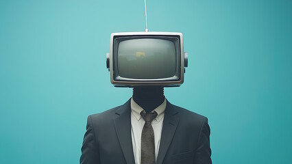 Businessman with tv head on blue background.