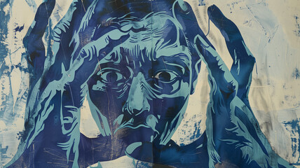 A striking blue-toned expressionistic portrait of a distressed person holding their head conveying intense emotions and a sense of inner turmoil
